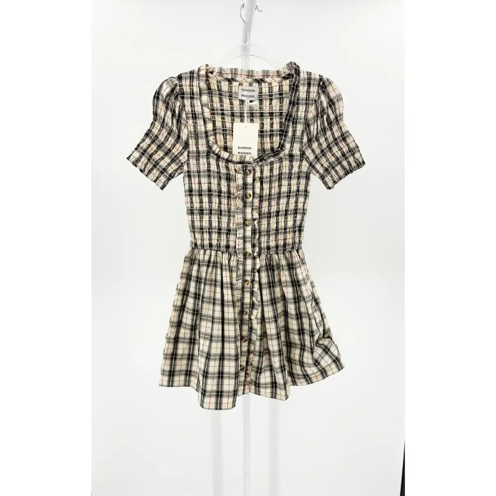Damson Madder Mansi Plaid Organic Cotton Ruffle Floral Mini Dress Size 8 NWT